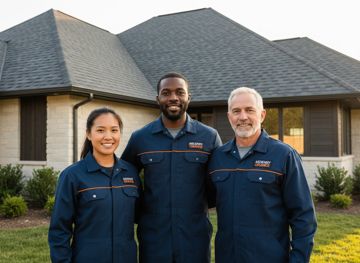 Professional roofing team with completed project