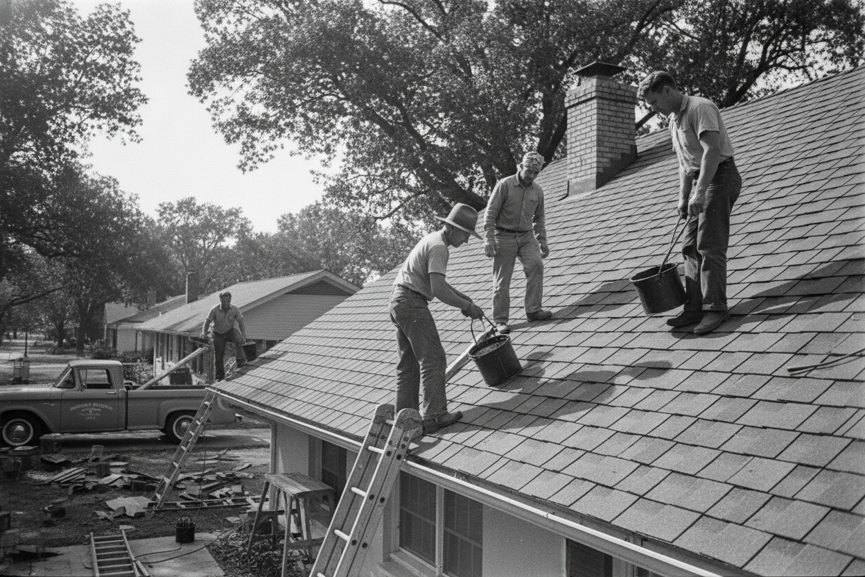 Vintage roofing crew working on a roof