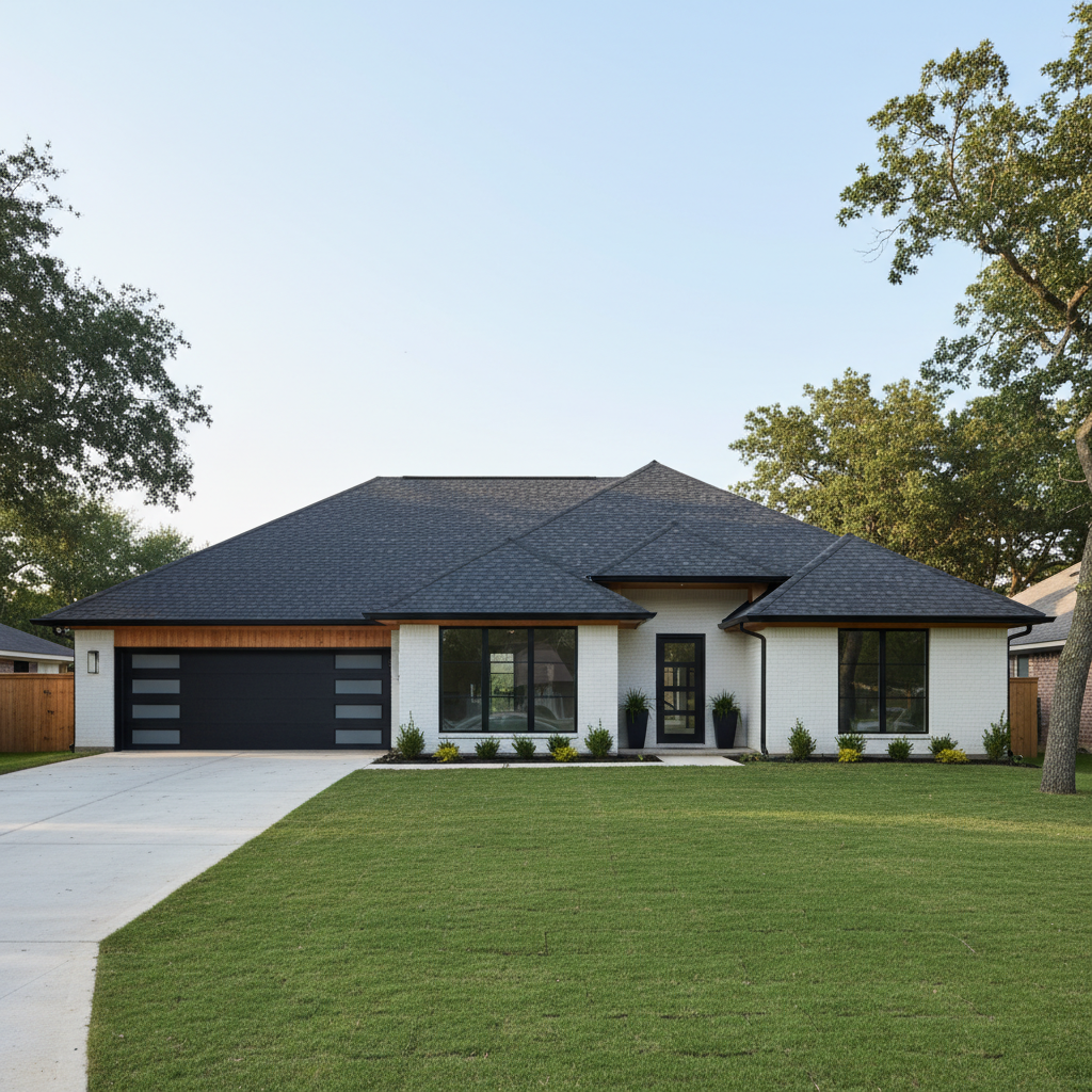 Modern residential re-roof with dark grey shingles